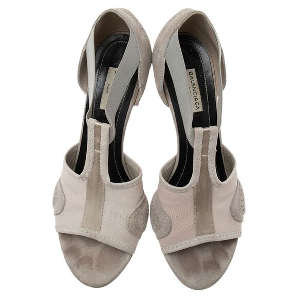 Balenciaga Light Grey Perforated Suede, Satin Trimmed and Mesh T-Bar Sandals - Picture 3 of 4